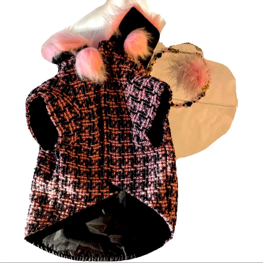 Dog coat Designer Pink Black plaid and NECKLACE/Clip Jewelry FITS SMALL DOG SET